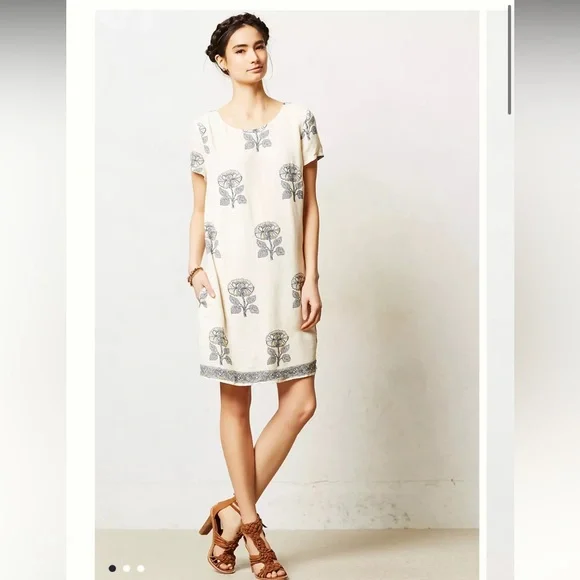 Field Study Tunic Maeve White Shift Dress with Gray & Yellow Floral Motif - Picture 2 of 14